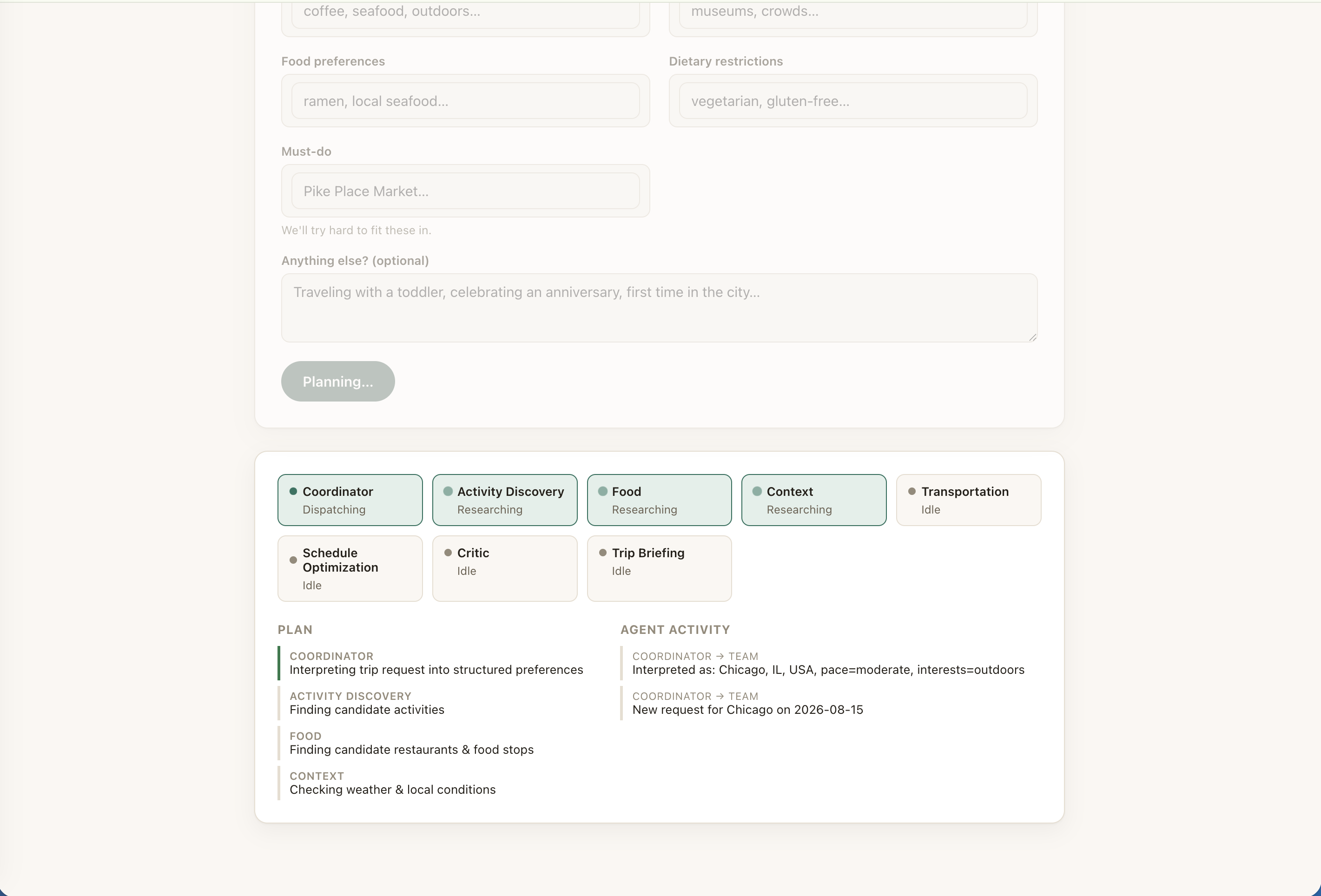 Day Trip Planner live agent orchestration view