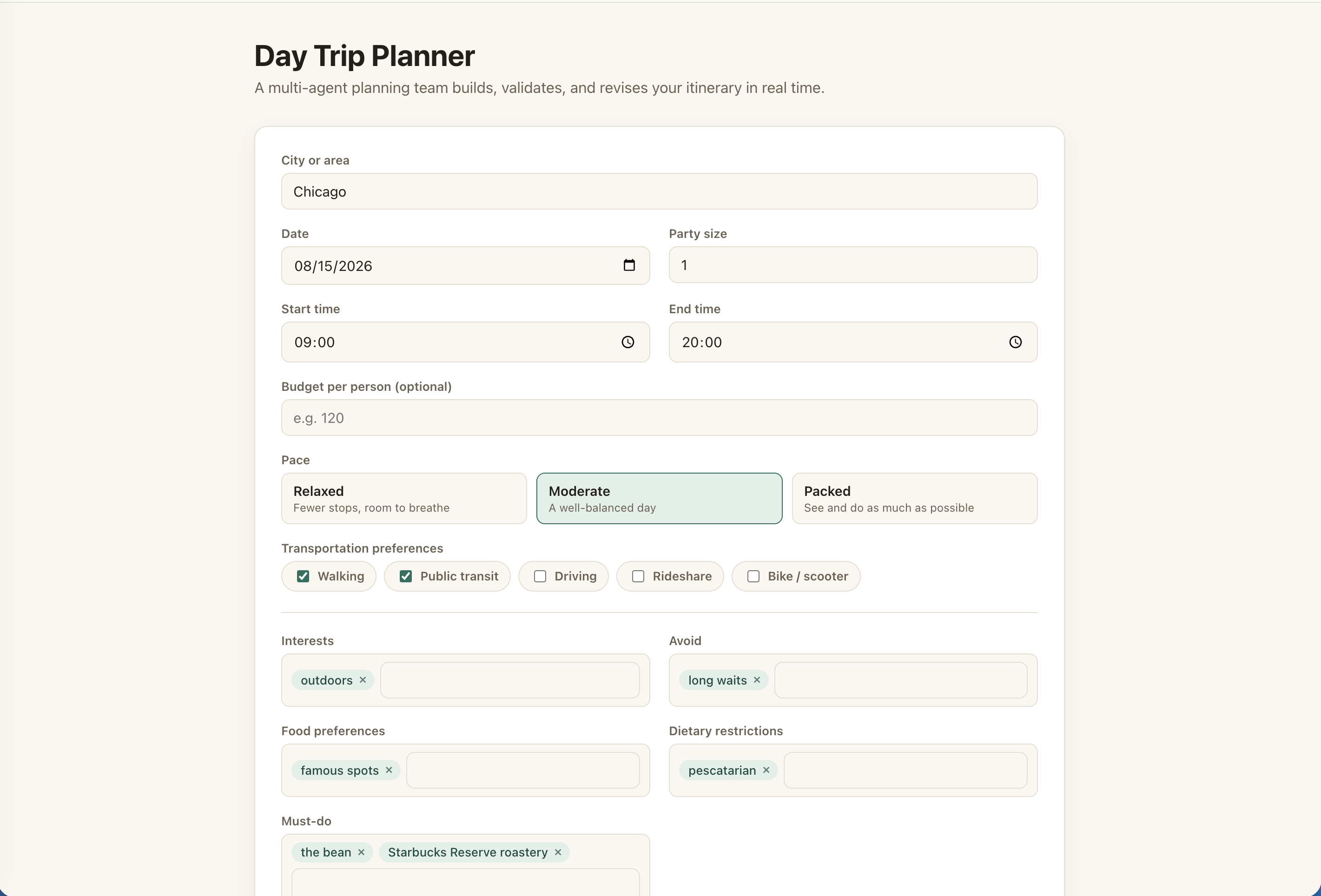 Day Trip Planner preferences form