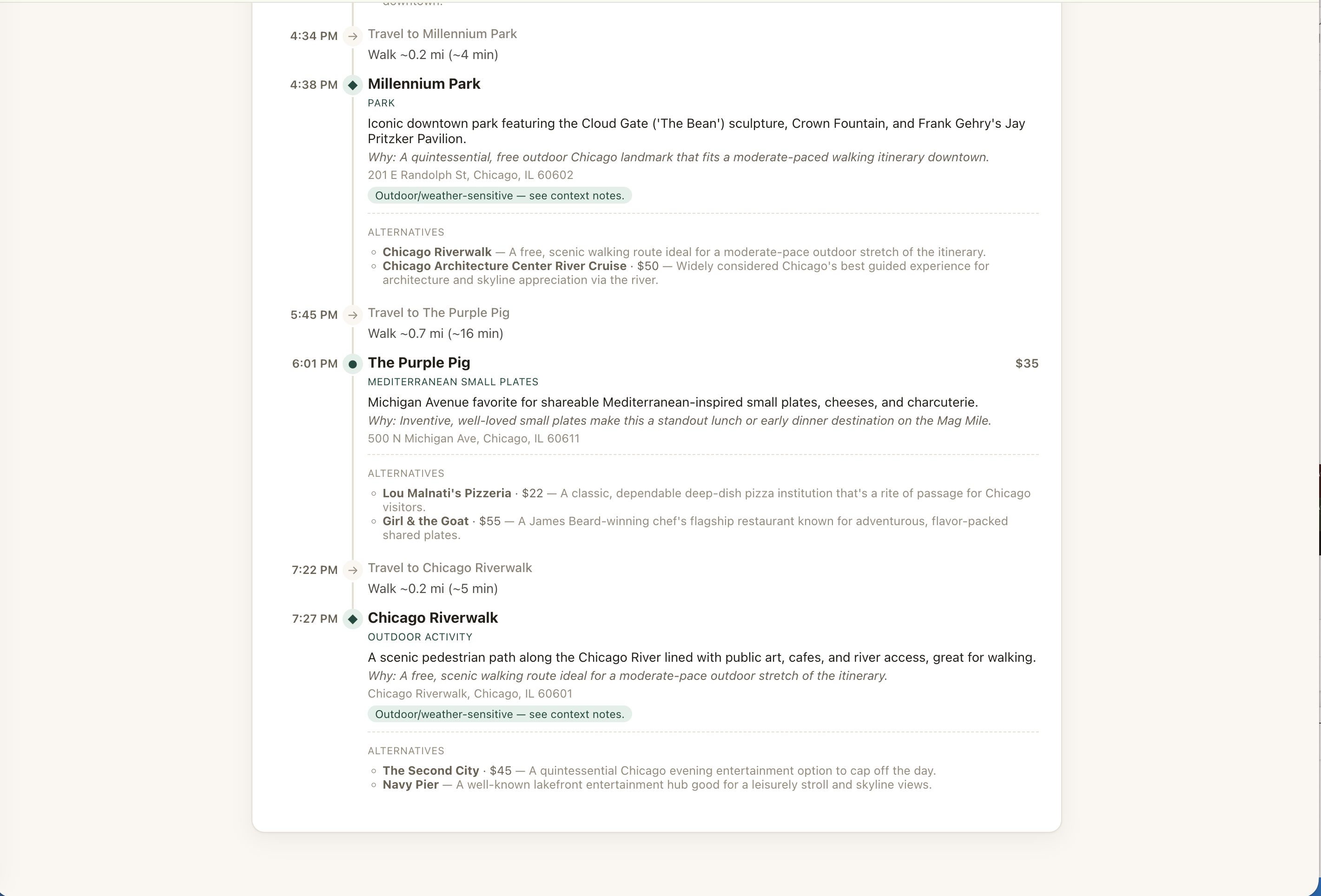 Day Trip Planner itinerary timeline with stop details and alternatives