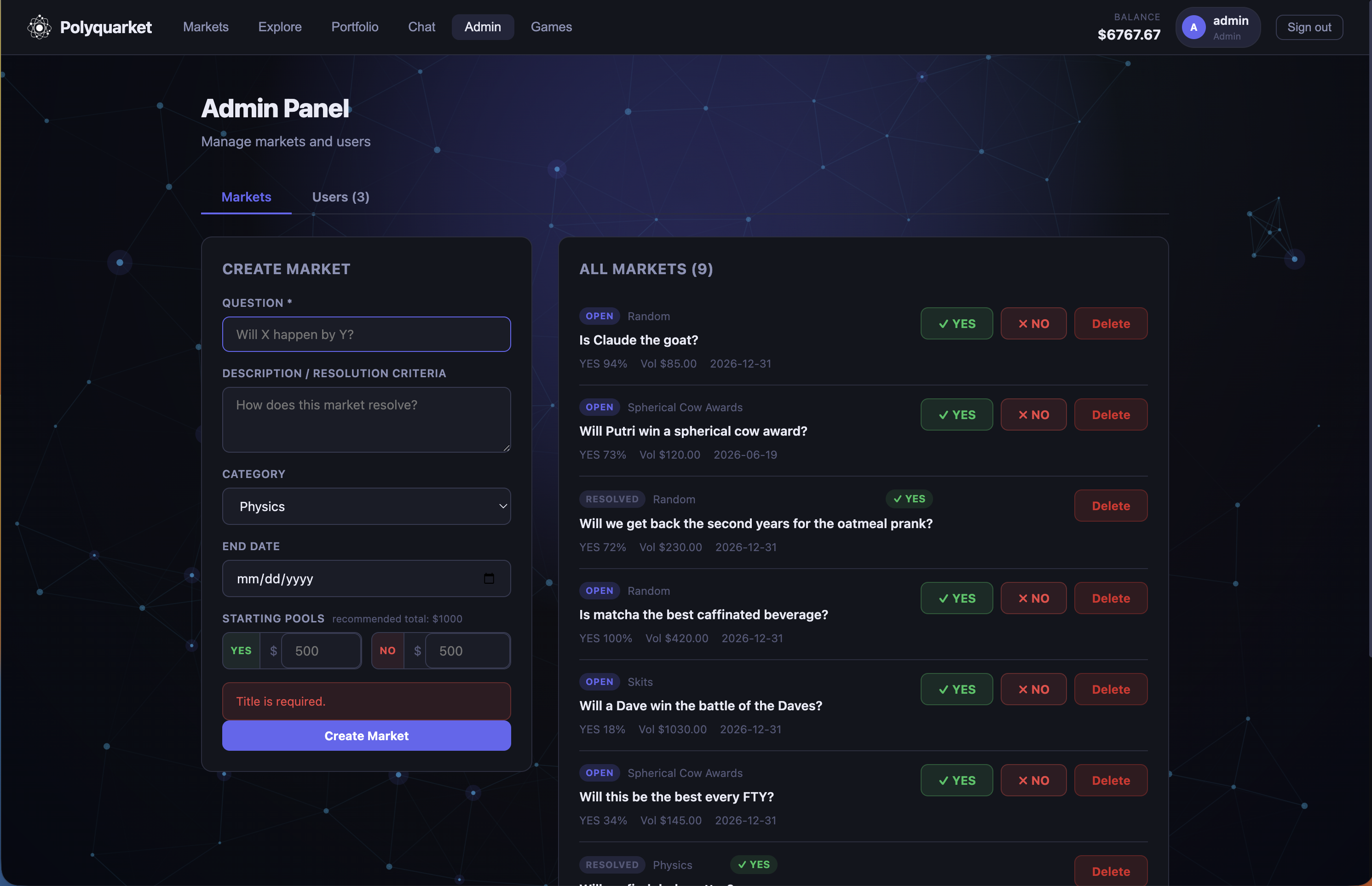 Polyquarket admin panel