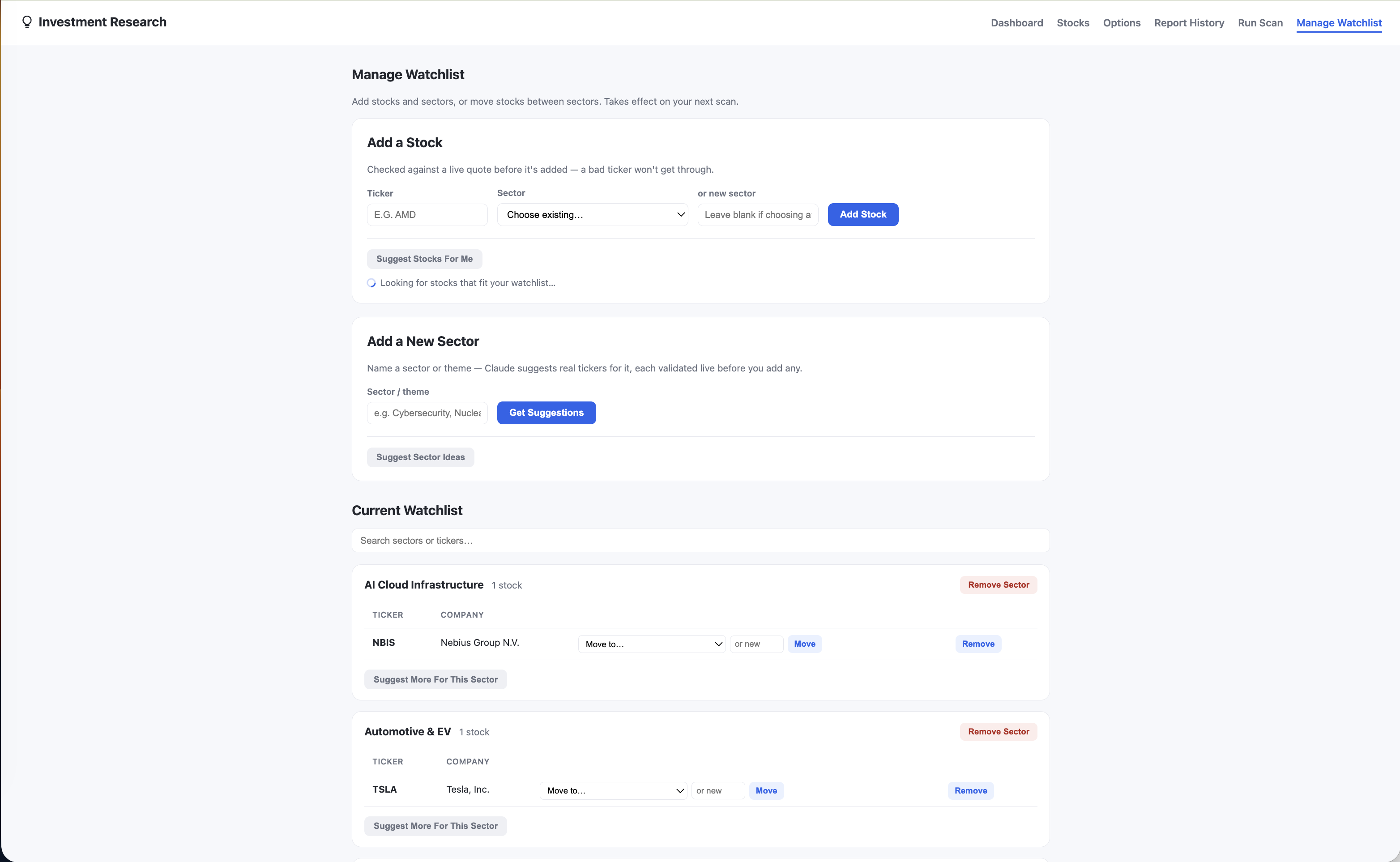 Watchlist management with AI suggested stocks and sectors
