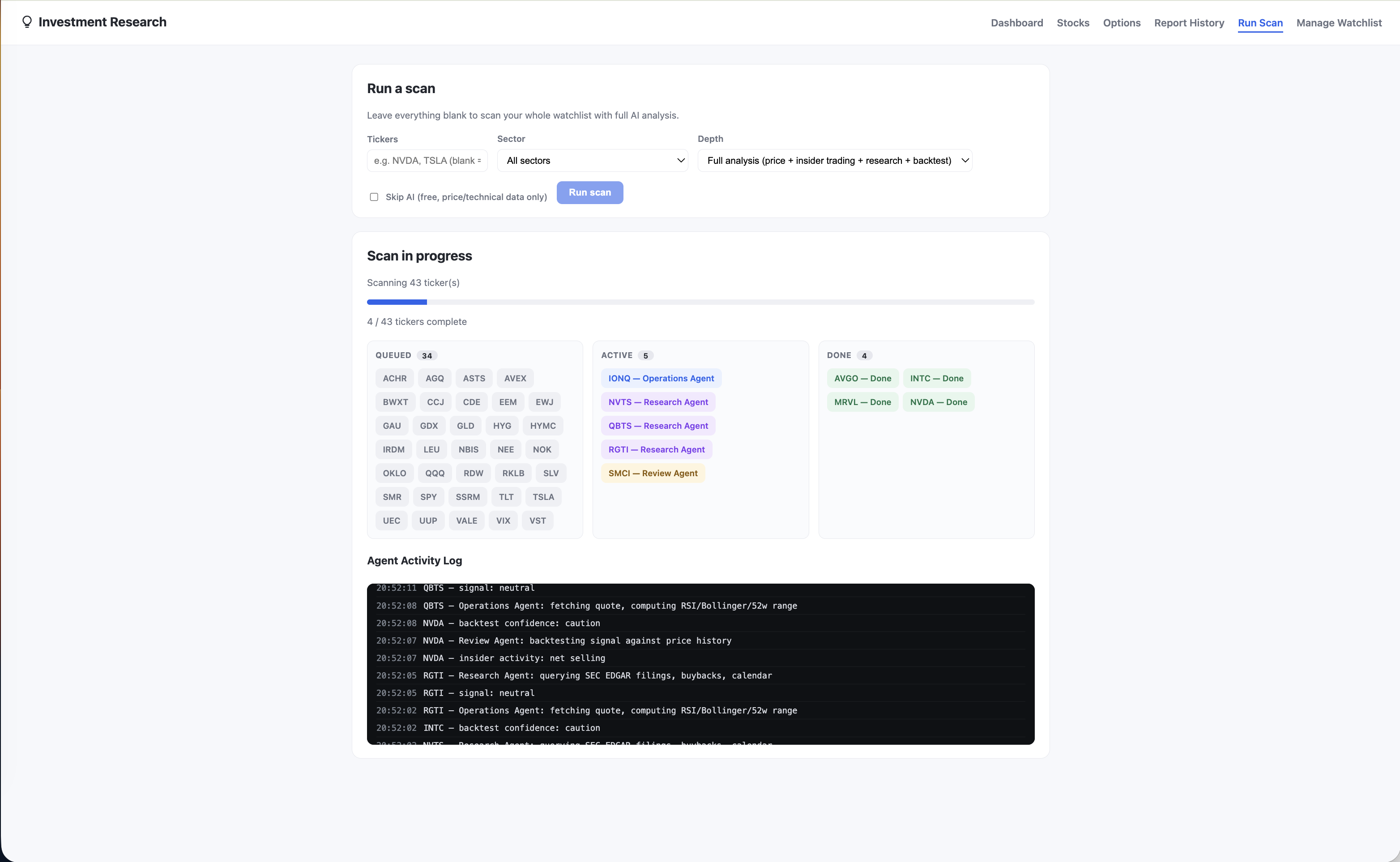 Live multiagent scan in progress with an agent activity log